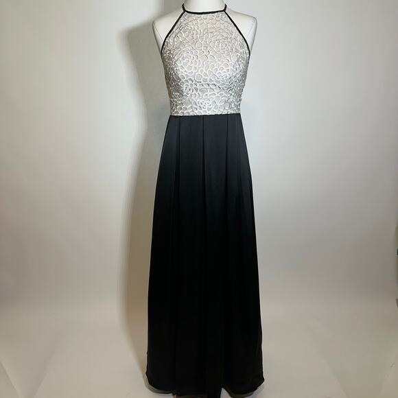 ABS by Allen Schwartz Black & White Lace Top Halter Formal Gown Womens Size 4 - Picture 3 of 16